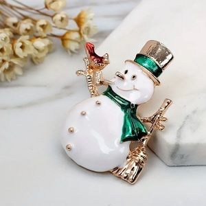 Enameled Snowman with Cardinal Pin